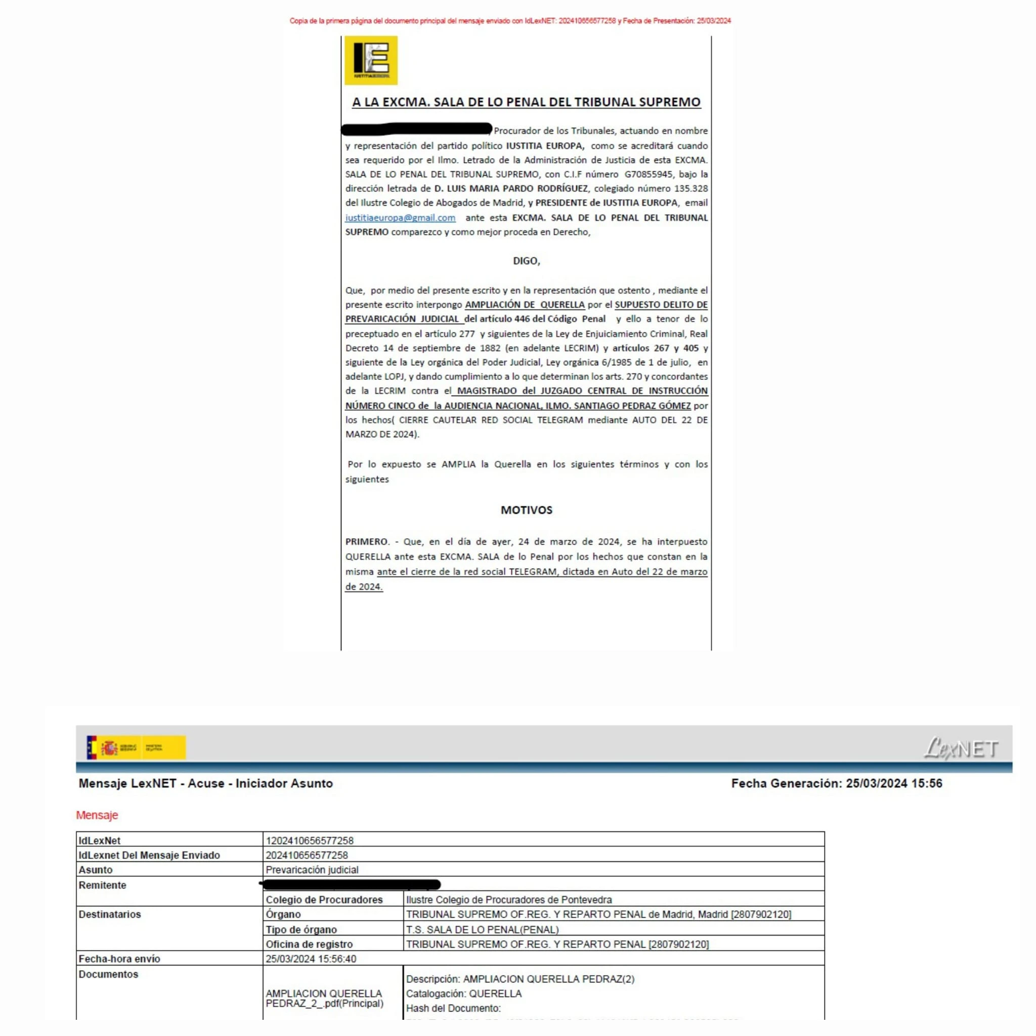 AMPLIACIÓN DE QUERELLA contra el Juez de la Audiencia Nacional, por supuesto Delito de Prevaricación Judicial, por vulneración del art. 267 LOPJ
