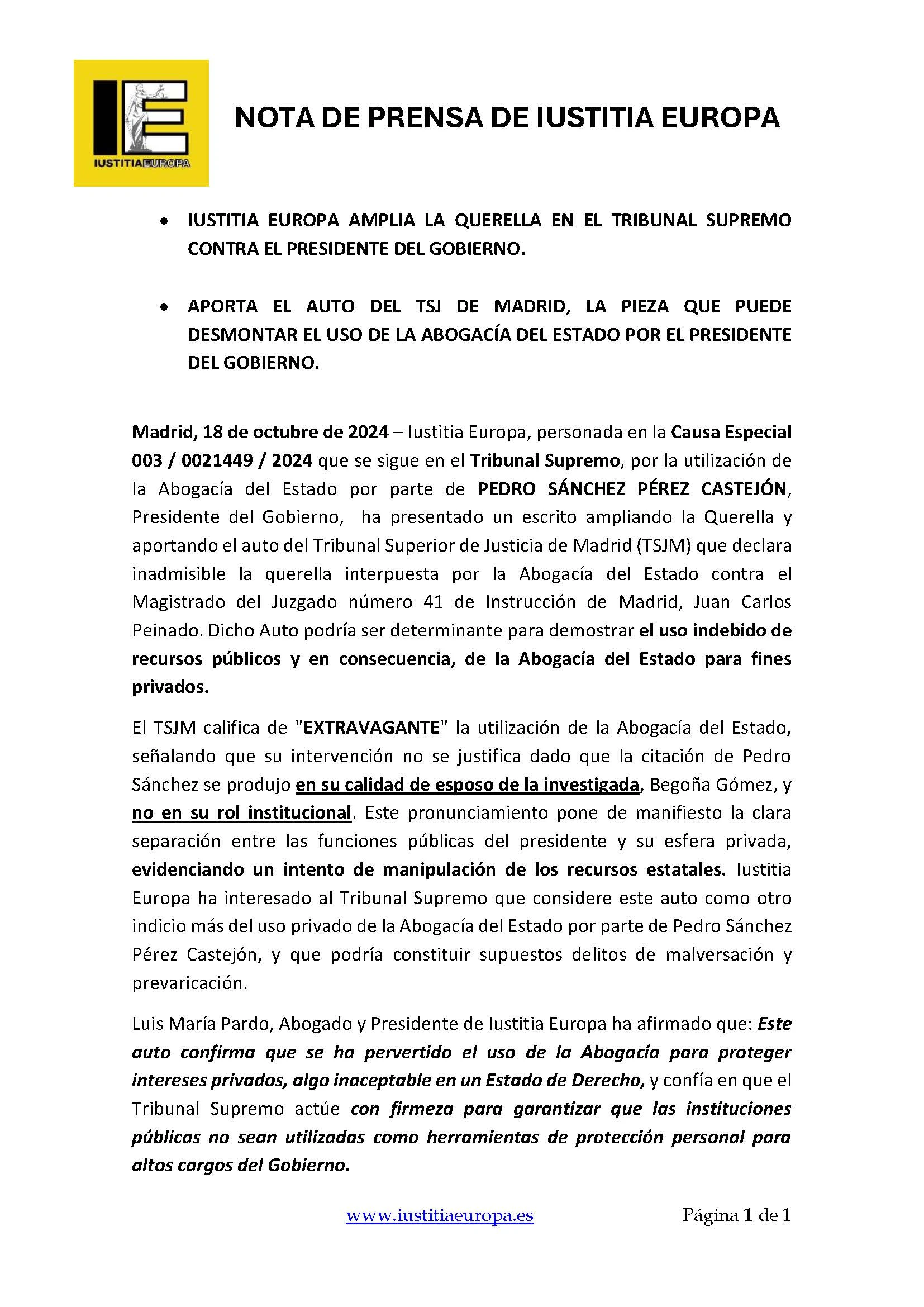 Iustitia Europa amplia la querella en el Tribunal Supremo contra el Presidente del Gobierno.