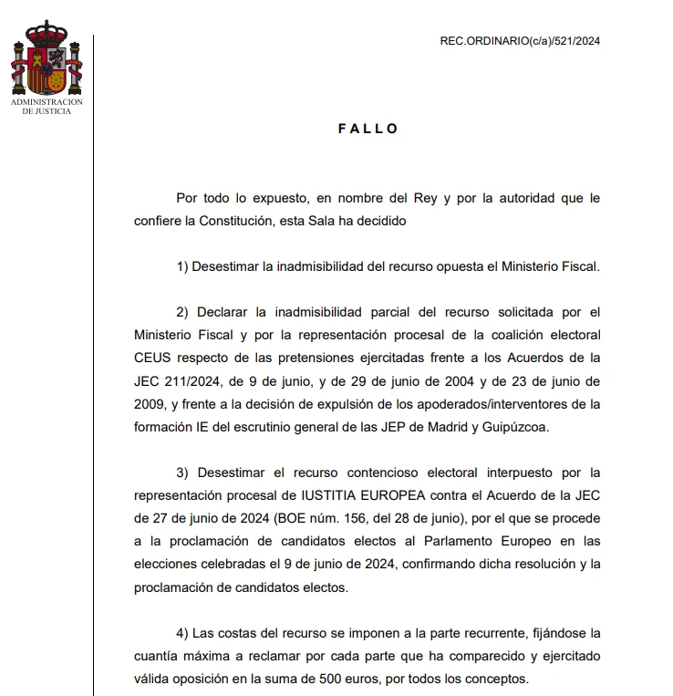 SENTENCIA TRIBUNAL SUPREMO IMPUGNACIÓN ELECCIONES EUROPEAS